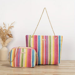Rainbow Woven Bag Set Tote & Crossbody Women Summer Travel Bags