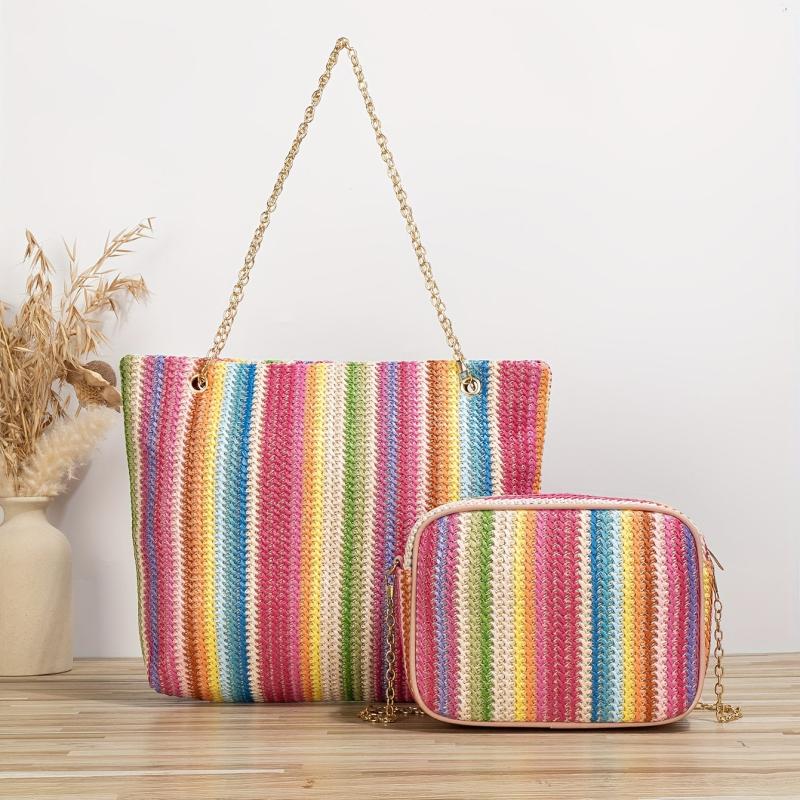 Rainbow Woven Bag Set Tote & Crossbody Women Summer Travel Bags
