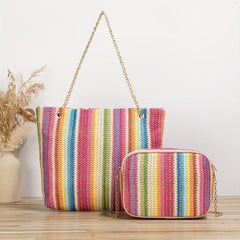 Rainbow Woven Bag Set Tote & Crossbody Women Summer Travel Bags