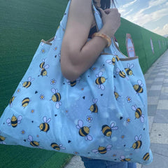 Cartoon Bee Pattern Shopper Bag Foldable Shoulder Bag Portable Reusable Bag