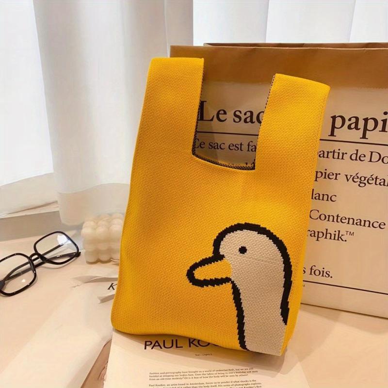 Cartoon Flower Duck Pattern Knitted Bag Handbag Niche Storage Bag
