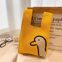 Cartoon Flower Duck Pattern Knitted Bag Handbag Niche Storage Bag