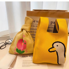 Cartoon Flower Duck Pattern Knitted Bag Handbag Niche Storage Bag