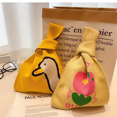 Cartoon Flower Duck Pattern Knitted Bag Handbag Niche Storage Bag