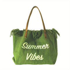 Fringe Canvas Beach Bag Letter Embroidery Tote Large Capacity Shoulder Bag