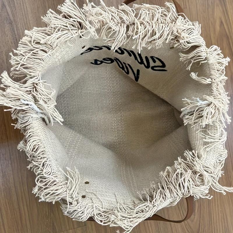 Fringe Canvas Beach Bag Letter Embroidery Tote Large Capacity Shoulder Bag