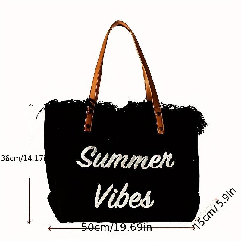 Fringe Canvas Beach Bag Letter Embroidery Tote Large Capacity Shoulder Bag