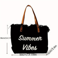 Fringe Canvas Beach Bag Letter Embroidery Tote Large Capacity Shoulder Bag