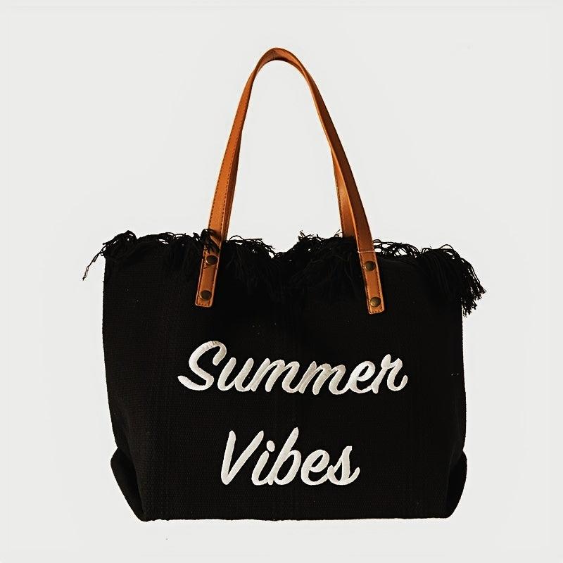 Fringe Canvas Beach Bag Letter Embroidery Tote Large Capacity Shoulder Bag