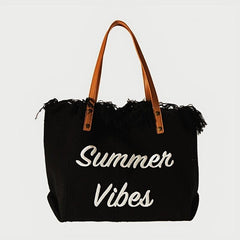 Fringe Canvas Beach Bag Letter Embroidery Tote Large Capacity Shoulder Bag