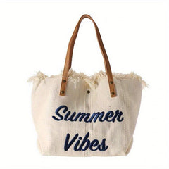 Fringe Canvas Beach Bag Letter Embroidery Tote Large Capacity Shoulder Bag