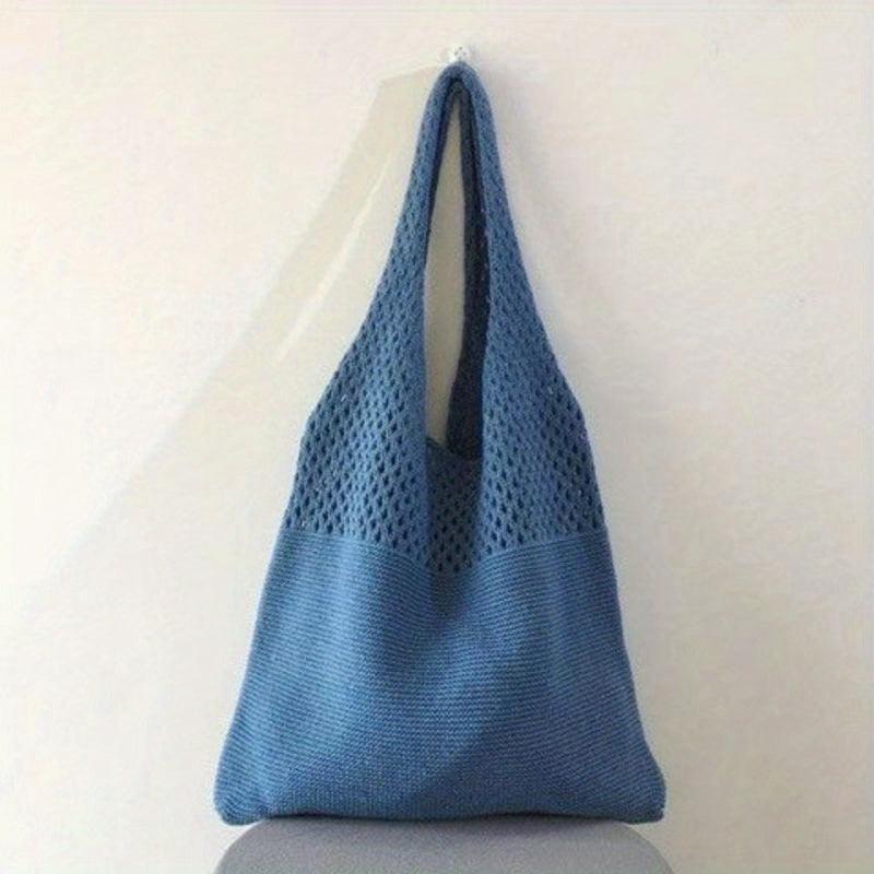 Solid Knitted Tote Bag Foldable Shoulder Bag Casual Shopping Bag