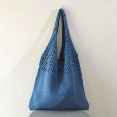 Solid Knitted Tote Bag Foldable Shoulder Bag Casual Shopping Bag
