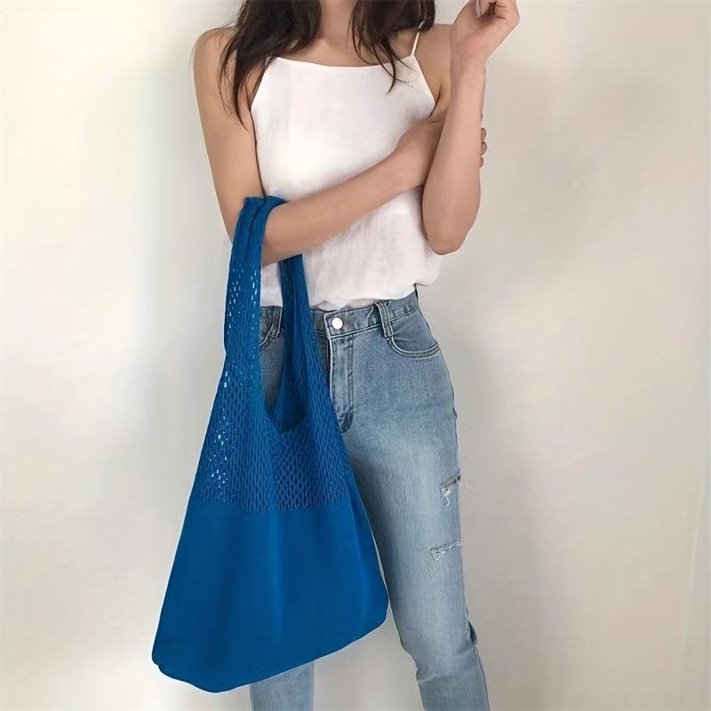 Solid Knitted Tote Bag Foldable Shoulder Bag Casual Shopping Bag