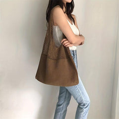 Solid Knitted Tote Bag Foldable Shoulder Bag Casual Shopping Bag