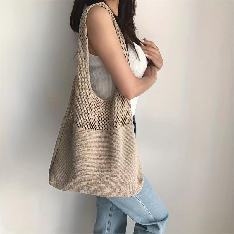Solid Knitted Tote Bag Foldable Shoulder Bag Casual Shopping Bag