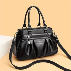 Solid Zipper Tote Bag Ruched Large Capacity Adjustable Strap Shoulder Bag
