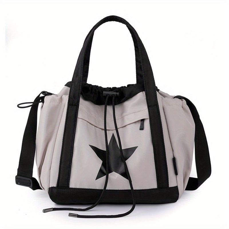 Vintage Star Print Drawstring Tote Large Capacity Shoulder Bag