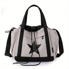 Vintage Star Print Drawstring Tote Large Capacity Shoulder Bag