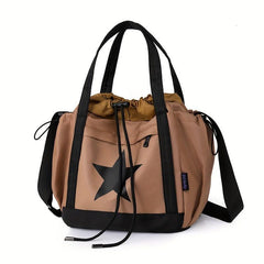 Vintage Star Print Drawstring Tote Large Capacity Shoulder Bag