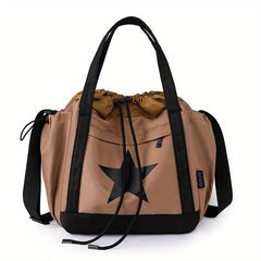 Vintage Star Print Drawstring Tote Large Capacity Shoulder Bag