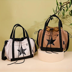 Vintage Star Print Drawstring Tote Large Capacity Shoulder Bag