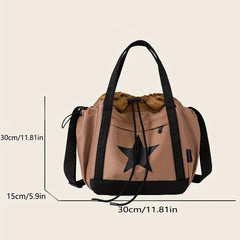 Vintage Star Print Drawstring Tote Large Capacity Shoulder Bag