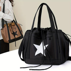 Vintage Star Print Drawstring Tote Large Capacity Shoulder Bag