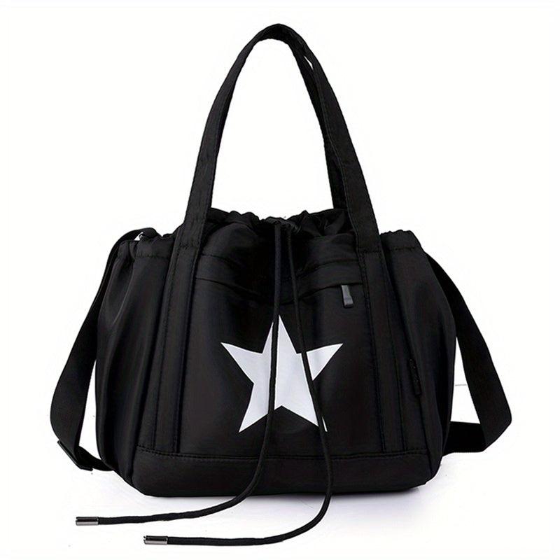 Vintage Star Print Drawstring Tote Large Capacity Shoulder Bag