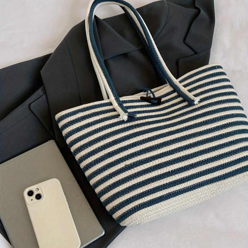 Summer Stripes Woven Tote Bag Beach Shoulder Bag Boho Style
