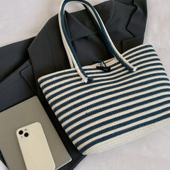 Summer Stripes Woven Tote Bag Beach Shoulder Bag Boho Style