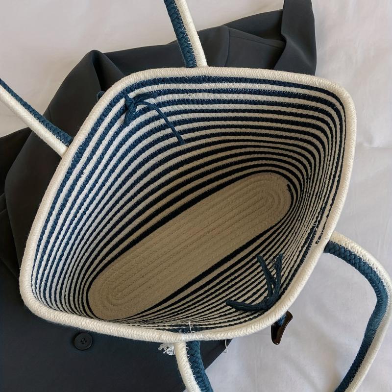Summer Stripes Woven Tote Bag Beach Shoulder Bag Boho Style