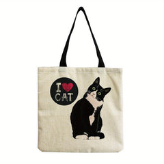 Cartoon Cat Pattern Canvas Bag Lightweight Shopping Grocery Handbag