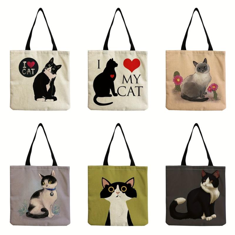 Cartoon Cat Pattern Canvas Bag Lightweight Shopping Grocery Handbag