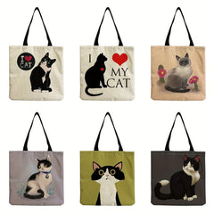 Cartoon Cat Pattern Canvas Bag Lightweight Shopping Grocery Handbag