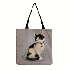 Cartoon Cat Pattern Canvas Bag Lightweight Shopping Grocery Handbag