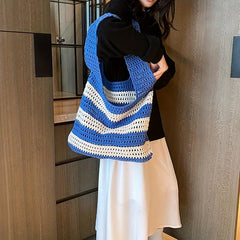 Colorblock Striped Crochet Bag Knitted Tote Boho Style Beach Bag