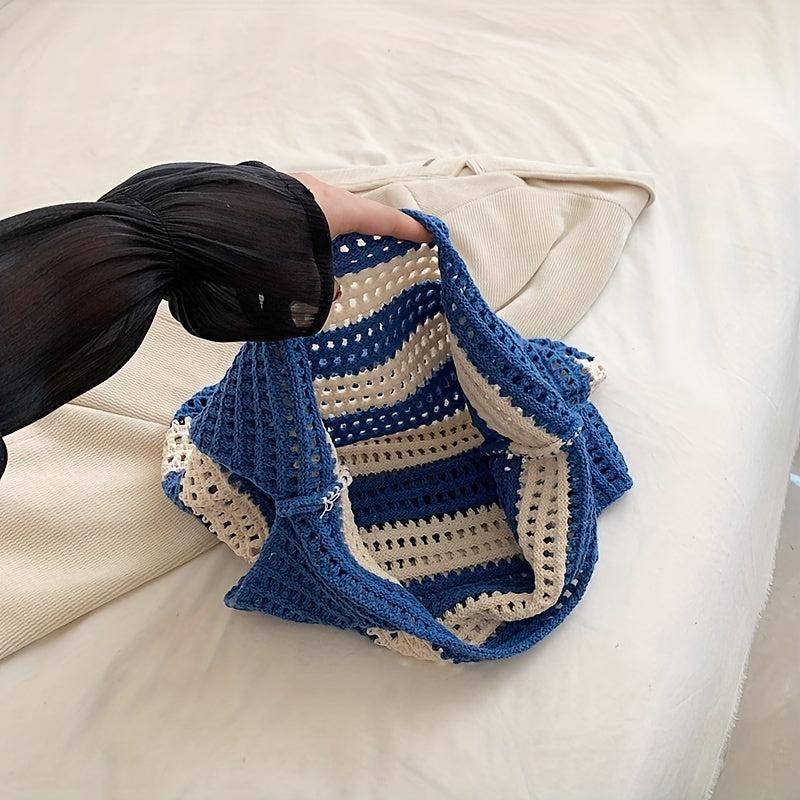 Colorblock Striped Crochet Bag Knitted Tote Boho Style Beach Bag