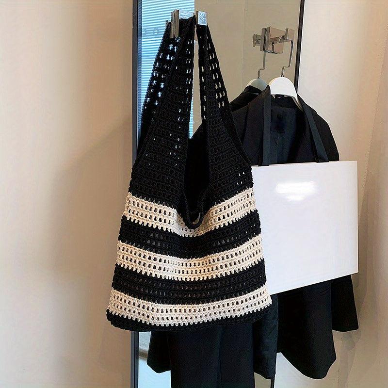 Colorblock Striped Crochet Bag Knitted Tote Boho Style Beach Bag