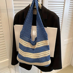 Colorblock Striped Crochet Bag Knitted Tote Boho Style Beach Bag