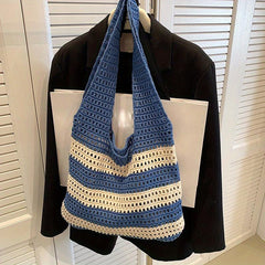 Colorblock Striped Crochet Bag Knitted Tote Boho Style Beach Bag