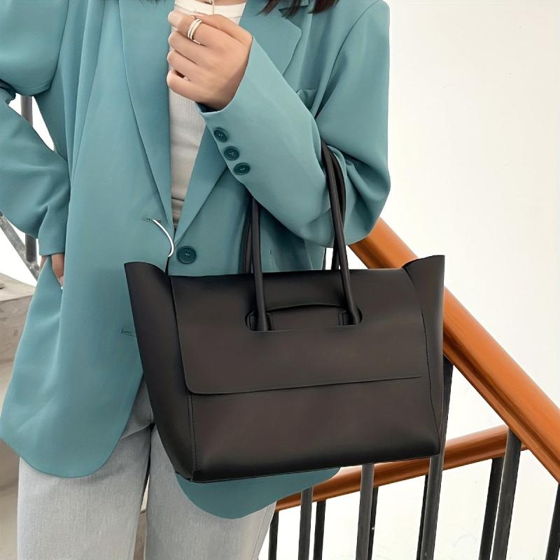 Large Capacity Vegan Leather Tote Bag for Women Solid Shoulder Bag