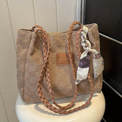 Plaid Embossed Canvas Tote Bag Scarf Decor Shoulder Bag Women's Large Capacity