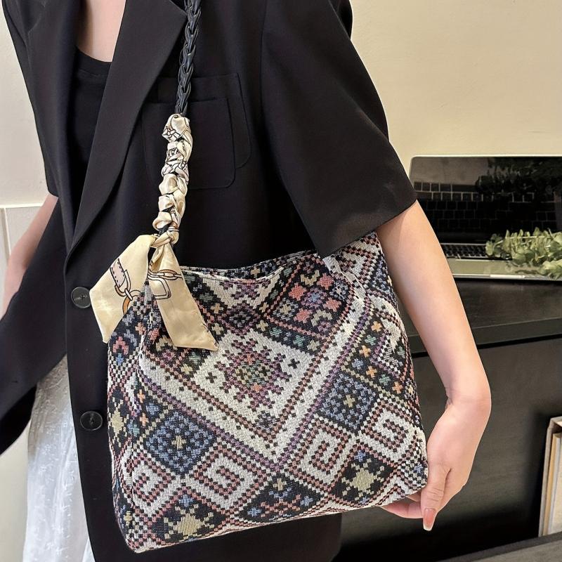 Plaid Embossed Canvas Tote Bag Scarf Decor Shoulder Bag Women's Large Capacity