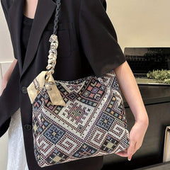 Plaid Embossed Canvas Tote Bag Scarf Decor Shoulder Bag Women's Large Capacity
