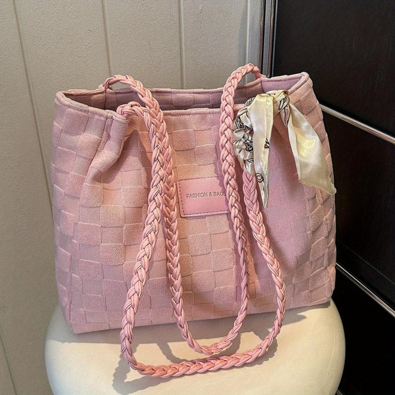 Plaid Embossed Canvas Tote Bag Scarf Decor Shoulder Bag Women's Large Capacity