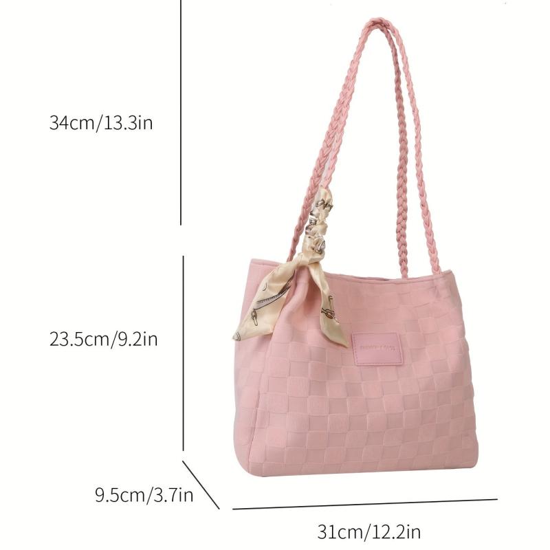 Plaid Embossed Canvas Tote Bag Scarf Decor Shoulder Bag Women's Large Capacity