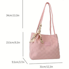 Plaid Embossed Canvas Tote Bag Scarf Decor Shoulder Bag Women's Large Capacity