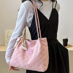 Plaid Embossed Canvas Tote Bag Scarf Decor Shoulder Bag Women's Large Capacity