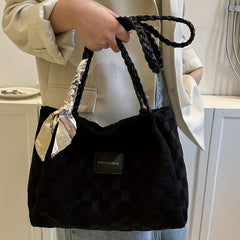 Plaid Embossed Canvas Tote Bag Scarf Decor Shoulder Bag Women's Large Capacity